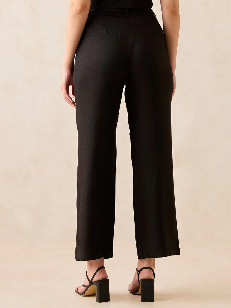 Outzidr  Black High Waisted Wide Leg Trousers for Women | Best Price UAE